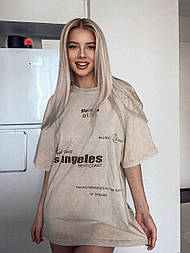 Футболка довга оверсайз тай дай "потерта" варенка бежева з написом зі 100% бавовни