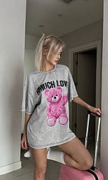 Футболка довга оверсайз тай дай "потерта" вареняти сіра з рожевим ведмедиком зі 100% бавовни