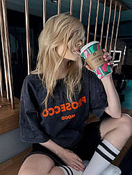 Футболка довга оверсайз тай дай "потерта" варенка чорна з написом Prosecco