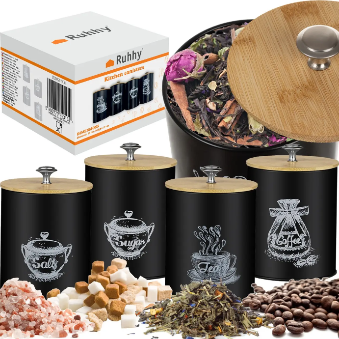 Набір ємностей для кухні 4 штуки для кави, чаю, цукру та солі Ruhhy (24578), фото 1