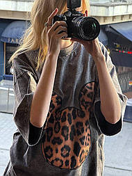 Футболка довга оверсайз тай дай "потерта" варенка сіра з леопардовим Мікі