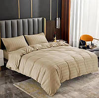 Евро комплект Постельного белья Страйп Сатин на Резинке цвет Бежевый размер 180х200х25 см + 2шт наволочки