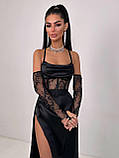 Жіночий вечірній костюм з атласною спідницею максі та корсетом з мереживом., фото 2