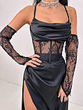 Жіночий вечірній костюм з атласною спідницею максі та корсетом з мереживом., фото 4