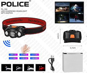 Ліхтар налобний PL-186, холодне + червоне світло, ЗП Type-C, сенсор