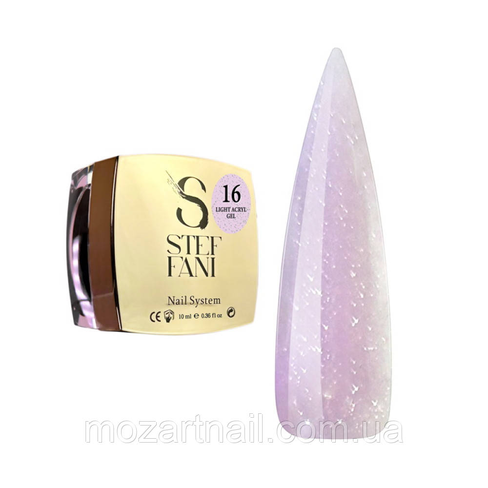 Рідкий акригель Steffani Light Acryl Gel для зміцнення нігтів 16 (ніжний бузковий з блискітками та шимером), 10ml