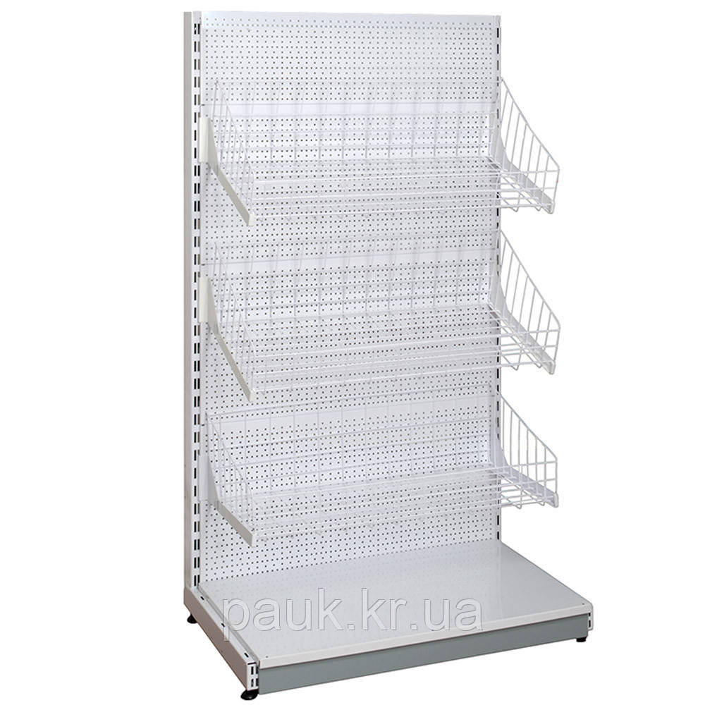 Стелаж з сітчастими кошиками 1600*950 мм Рістел, торговий приставний стелаж, металевий стелаж з кошиками в торговий зал, фото 1