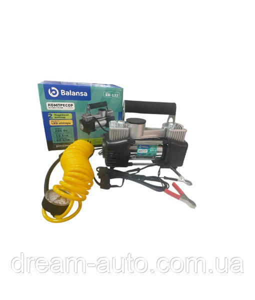 Компресор 200ВТ/10атм/60л 2цил шланг спір 3м з манометром, шнур клеми 3м, сумка, ліхтар BN-133, фото 1