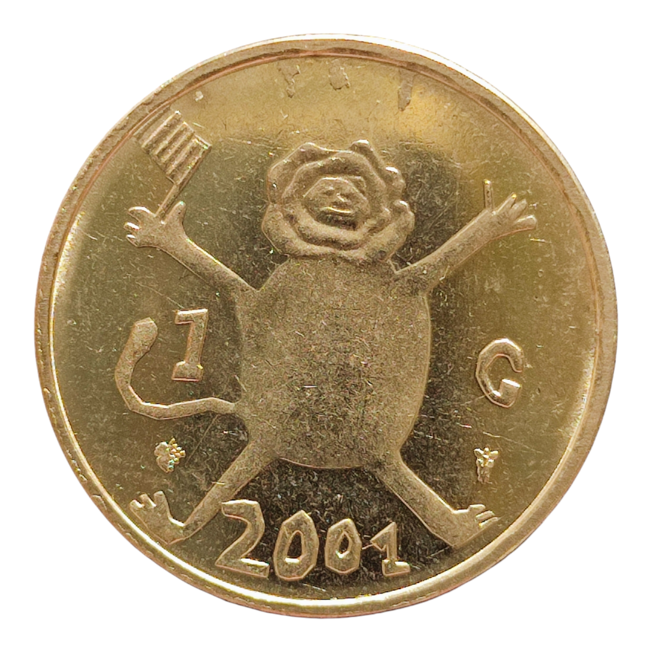 Нідерланди 1 гульден, 2001 Останній гульден, дитячий малюнок - лев з прапором в руках, фото 1
