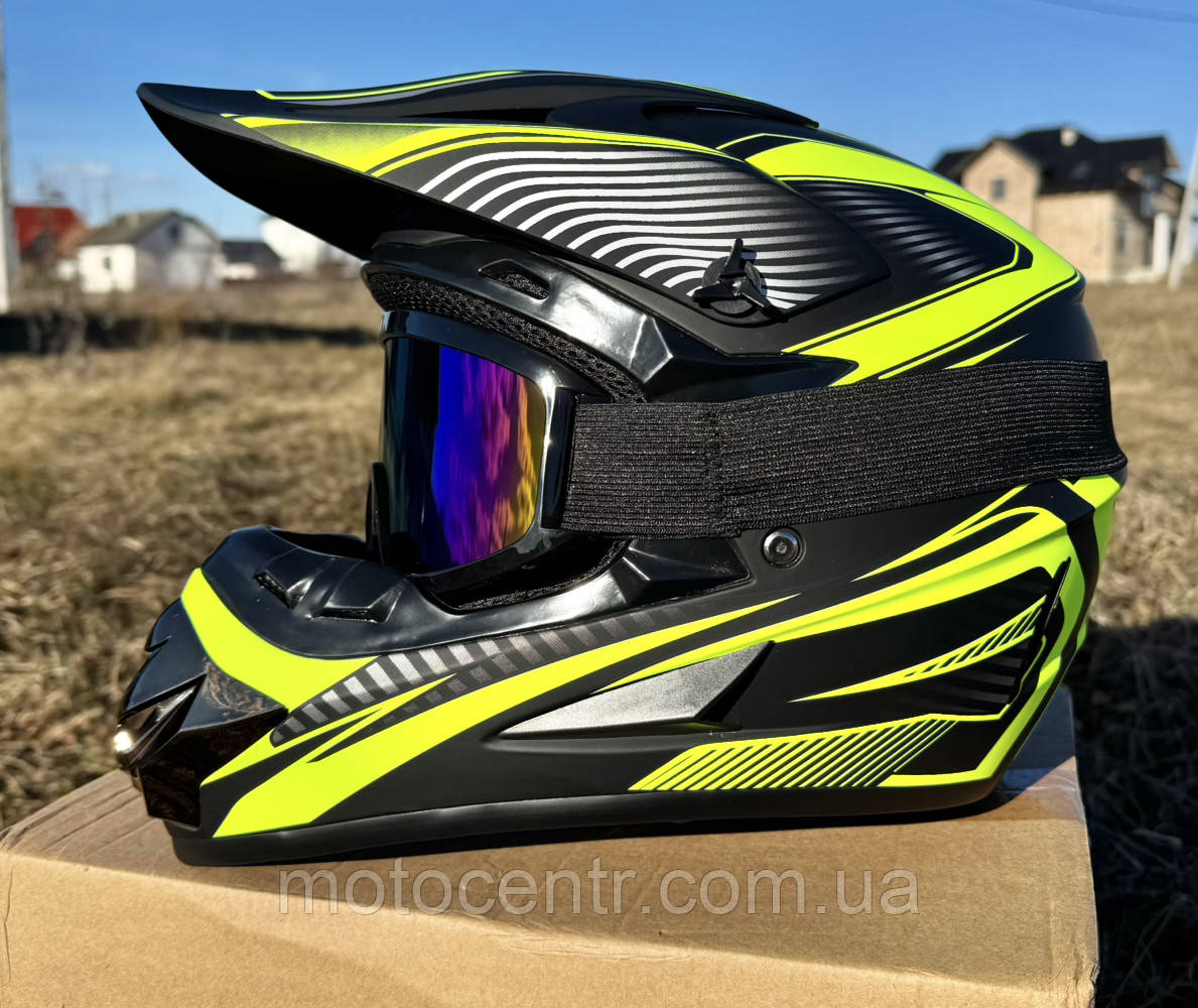 Мотошолом кросовий ендуро black/green mat new + Окуляри в ПОДАРУНОК