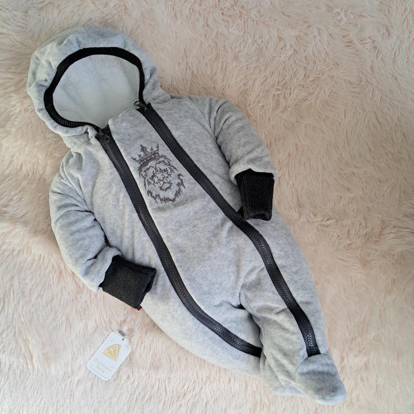 Демісезонний комбінезон Левеня для новонароджених, велюровий на махрі, сірий, фото 1