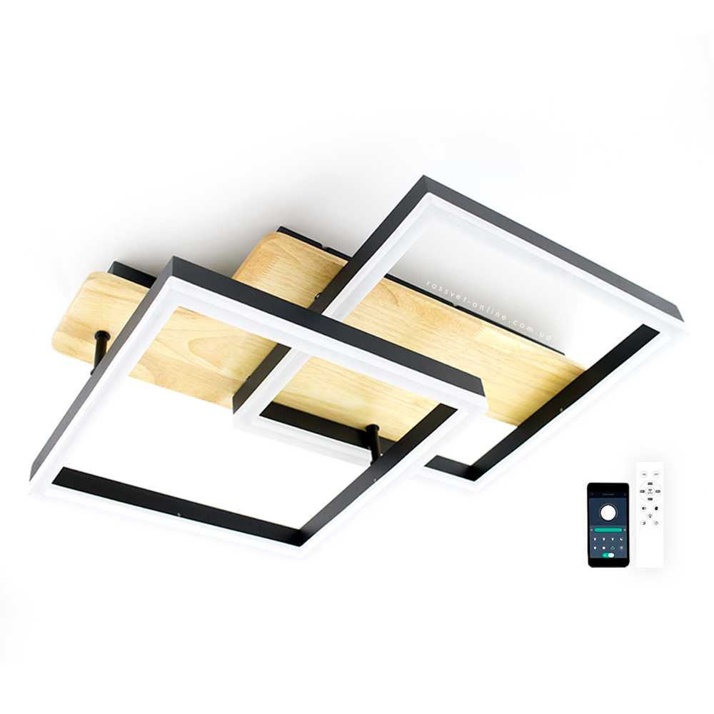 LED люстра WOODY 85W 2S Esllse APP BLACK/WOOD чорна / дерево 500х430х135мм світлодіодна з пультом і додатком для смартфону APP