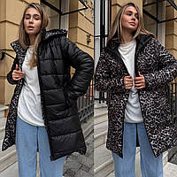 Жіноча весняна двостороння куртка з капюшоном: 42-44, 46-48, 50-52. Кольори: чорний+лео, шоколад+лео.