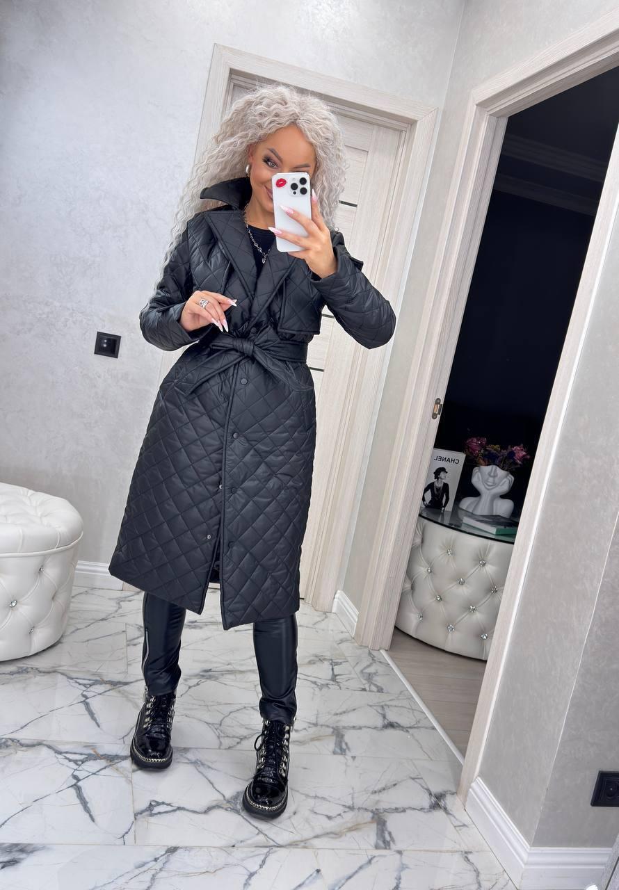 Пальто-куртка тренч стьобане демісезонне утеплене з поясом, фото 1