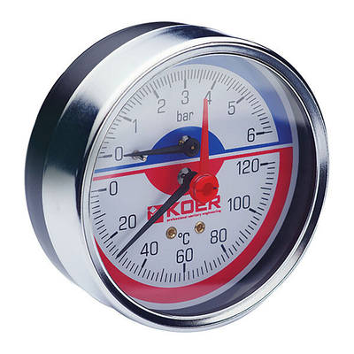 Термо-манометр аксіальний з заднім підключенням KOER KM.812A 0-6 bar, 0-120°C, d80мм, 1/2'' (KR0220)