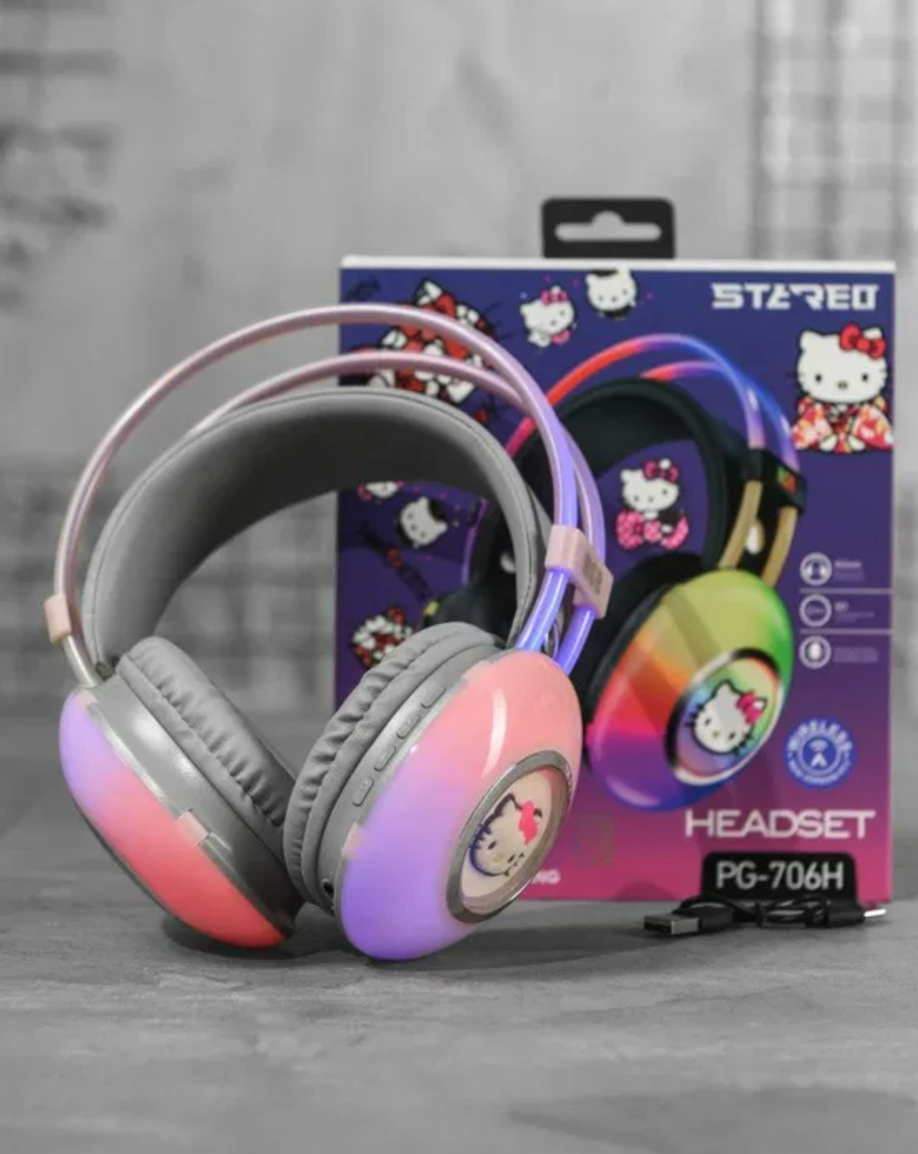 Навушники Bluetooth накладні з RGB підсвічуванням та Hello Kitty PG-706H, Беспроводные bluetooth наушники