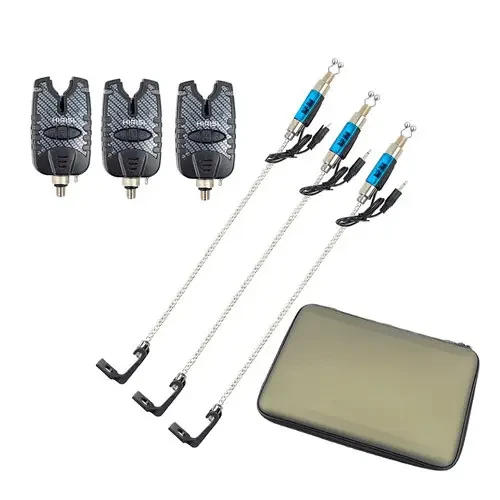 Набір електронних сигналізаторів клювання 3 шт. зі свингером для риболовлі Hirisi в кейсі, фото 1