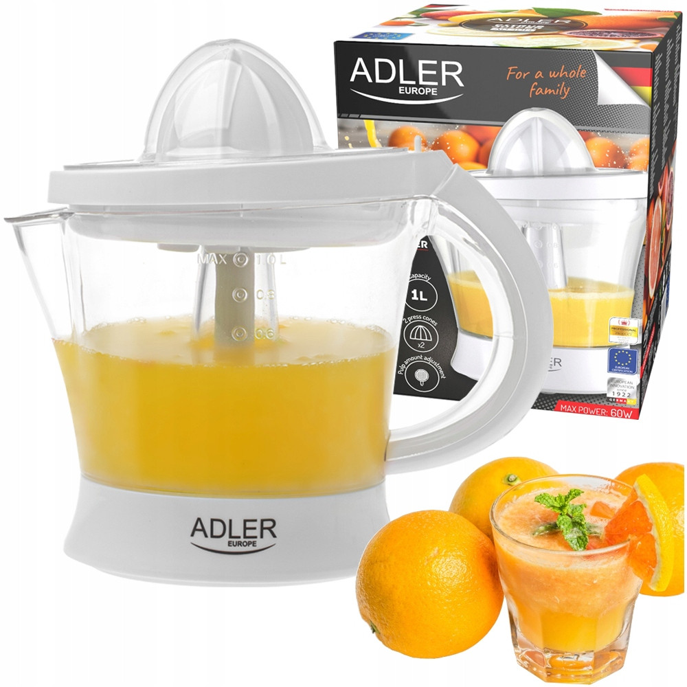 Соковитискач для цитрусових Adler AD 4014 — 1 л, 60 Вт, двостороннє обертання, регулювання м'якоті, білий, фото 1