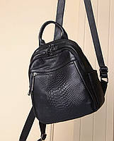 Якісний жіночий шкіряний рюкзак під рептилію 23х30х13, жіноча сумка на спину зміїний принт, чорна, фото 9