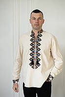 Вишита чоловіча сорочка з геометричним орнаментом світло-бежева