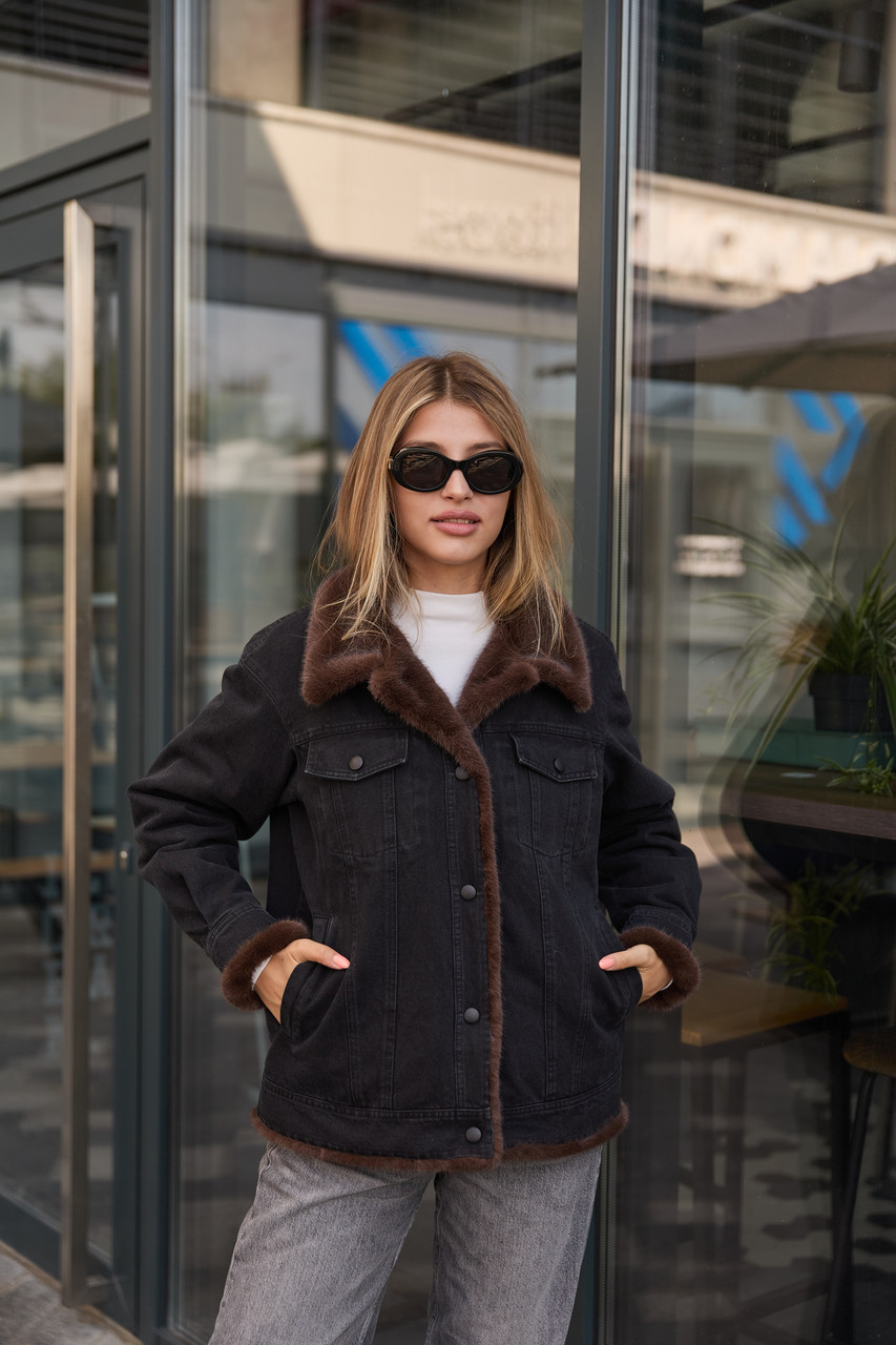 Жіноча коротка куртка євро-зима з кишенями з джинсової тканини, фото 1