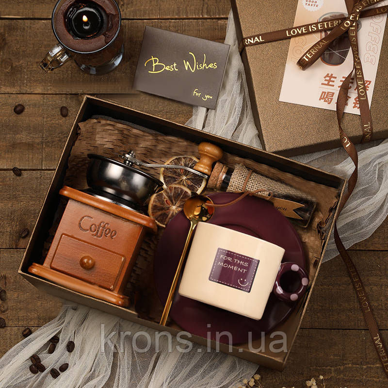 Кавовий набір A3 для приготування кави ручна ретро кавомолка + курча з блюдцем + ложка + банка для кави, фото 1