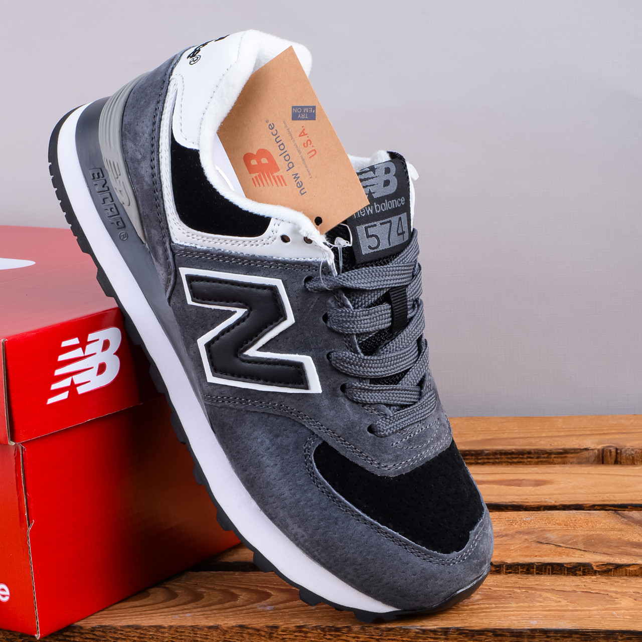 Кросівки New Balance 574 чорні з сірим замшеві, фото 1