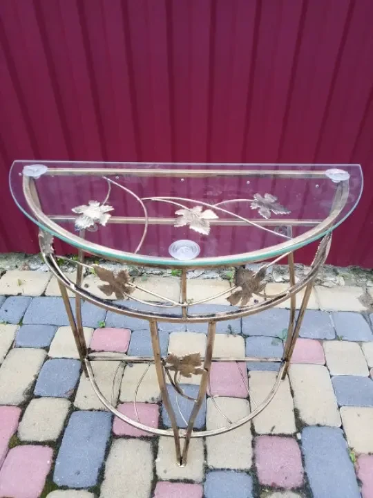 Стіл кований напівкруглий на 3 ніжках зі склом пристінний, ширина 59 см, Хатинка, фото 1