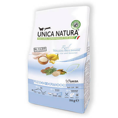 Сухий корм для котів Unica Natura - Outdoor Merluzzo, riso e banane 350g