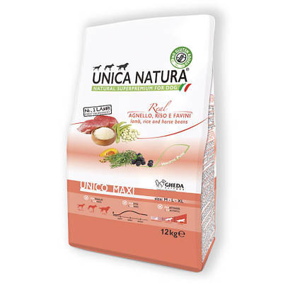 Сухий корм для собак Unica Natura Unico Maxi - Agnello, riso, favini 12kg