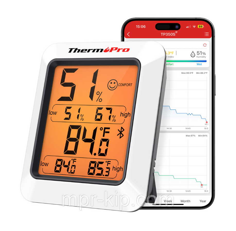 Термогігрометр реєстратор ThermoPro TP350 з Bluetooth, контроль, запис та оповіщення через додаток до 80 м