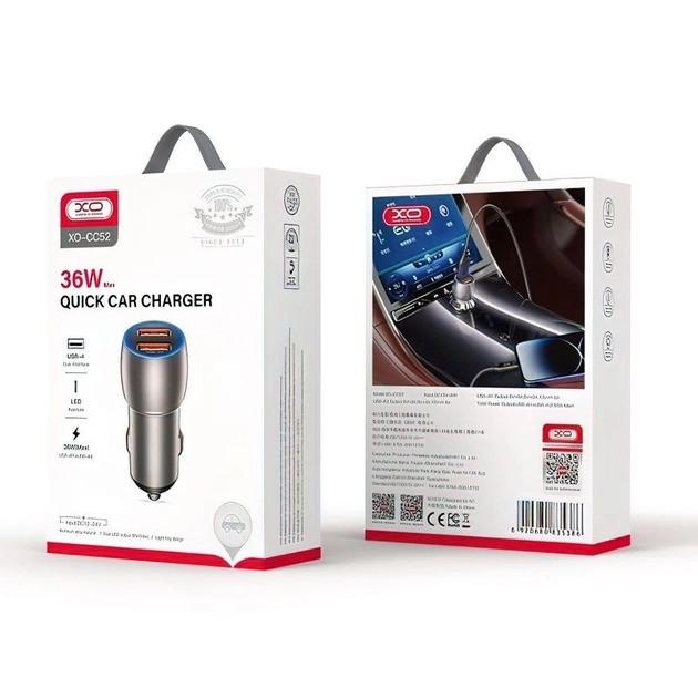 Автомобільний зарядний пристрій XO CC52 QC3.0 зі швидкою зарядкою, 2USB 36W, фото 1