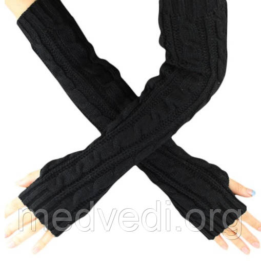 Черные длинные перчатки без пальцев 50см (женские митенки) - фото 1 - id-p509364913