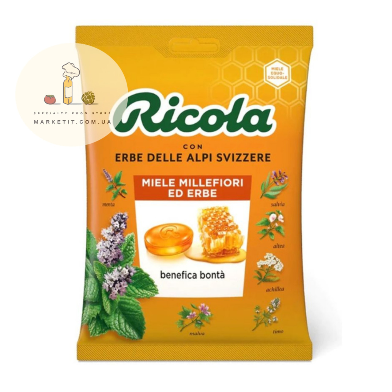 Льодяники Ricola Miele Millefiori ed Erbe, альпійські трави з квітковим медом без цукру 75 г., фото 1