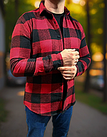 Чоловіча утеплена байкова сорочка в клітку з довгим рукавом червона Туреччина, осіння зимова сорочка