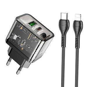 Мережевий зарядний пристрій HOCO N34 Dazzling dual-port PD20W+QC3.0 charger set(C to iP) Transparent Black (6931474799173)