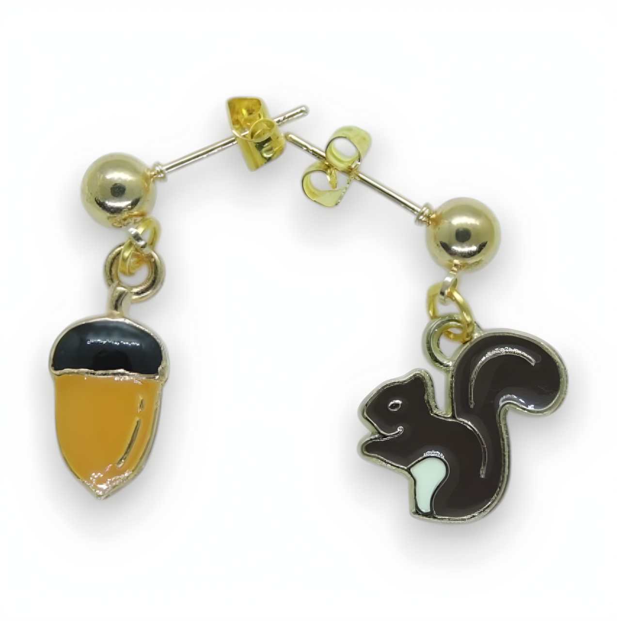 Асиметричні золотисті сережки-цвяшки, білочка та жолудь, 2.5 см, фото 1