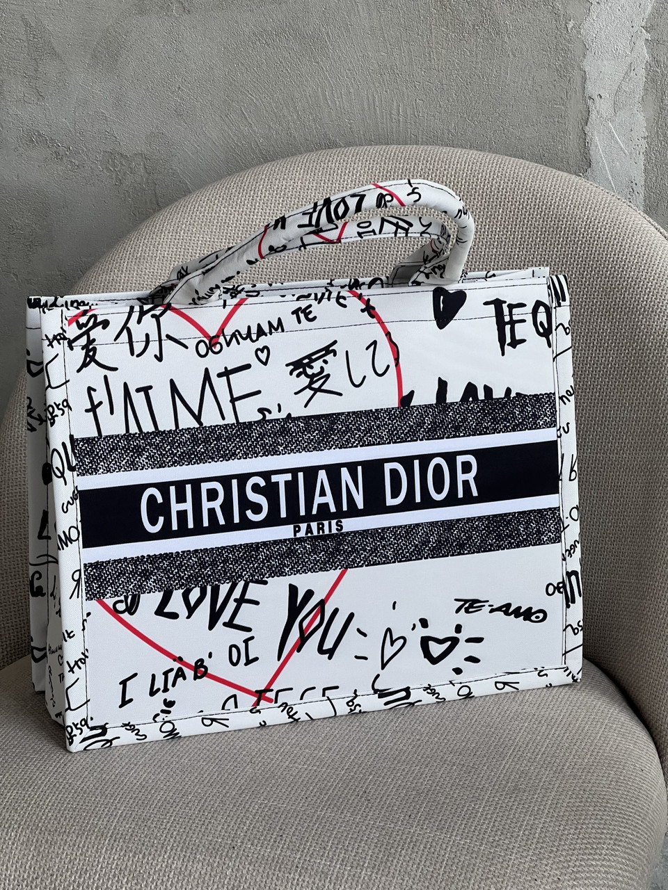 Сумка-шопер Крістіан Діор текстильний шопер Dior білий з візерунком серця на блискавці