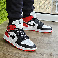 Шкіряні Кросівки Nike Air Jordan White-Black-Red Високі Чоловічі Найк Джордан Шкіра 41,42,43,44 розміри