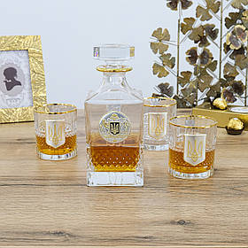 Набір для віскі "Гербовий з тризубом" ( графін та 4 келиха) кришталь, срібло, золото, захисний лак Гранд