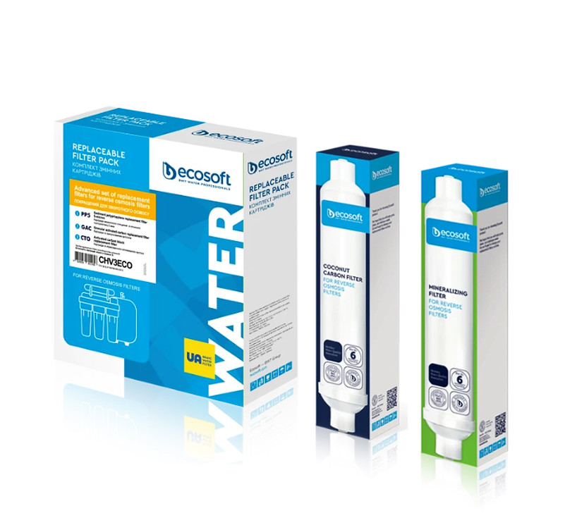 Комплект картриджів Ecosoft 1-2-3 з постфільтром та мінералізатором для фільтрів зворотного осмосу (CHV3ECO)