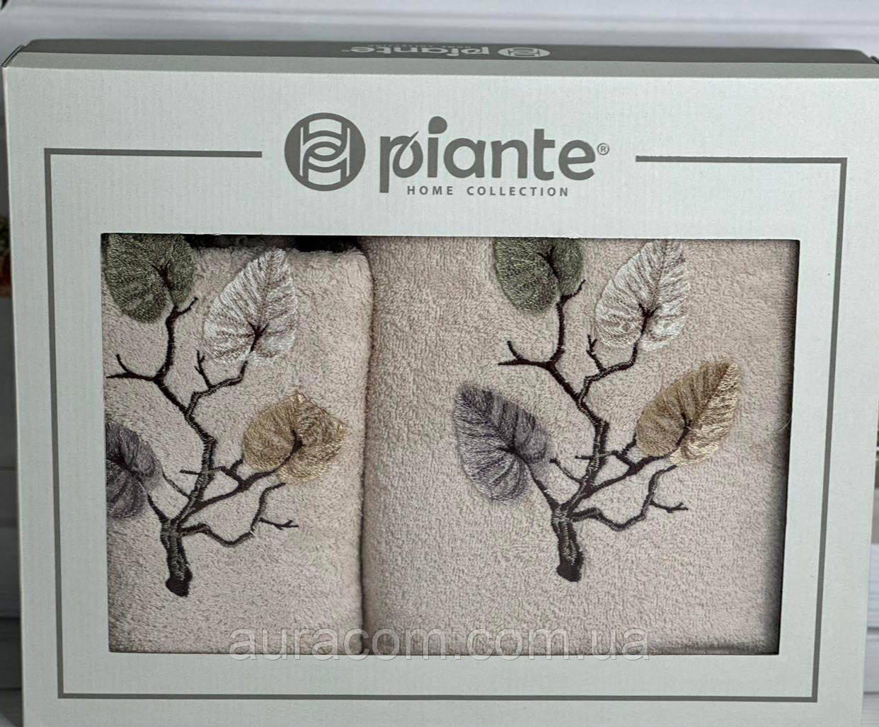 Бежевий набір рушників у коробці, з вишивкою та аплікацією листя. Туреччина, фото 1