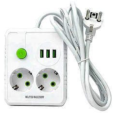 Подовжувач з юсб 2 м 2 розетки 3 USB TUA Power F13U білий N