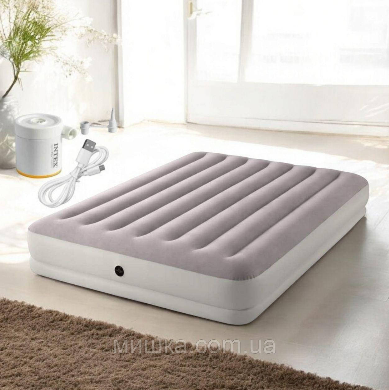 Велюрове ліжко-матрац 152*203*30 см з ел.насосом від USB, Intex 64179