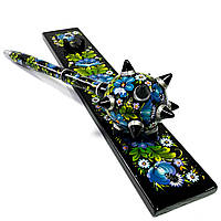 Булава Петриківський розпис СИНІ КВІТИ ручної роботи з дерева 40 см на підставці Український сувенір