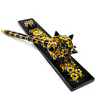 Булава Петриківський розпис ЗОЛОТІ КВІТИ ручної роботи з дерева 40 см на підставці Український сувенір