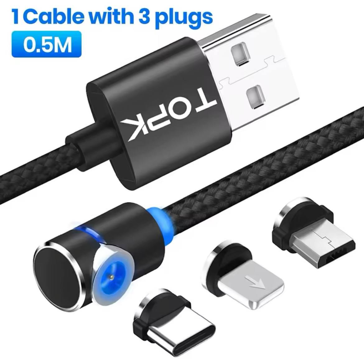 Магнітний кабель для заряджання 3в1 Tork Чорний 95 см, Type-C/Lightning/MicroUSB (NS)