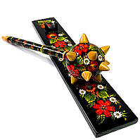 Булава Петриківський розпис ЧЕРВОНІ КВІТИ ручної роботи з дерева 40 см на підставці Український сувенір