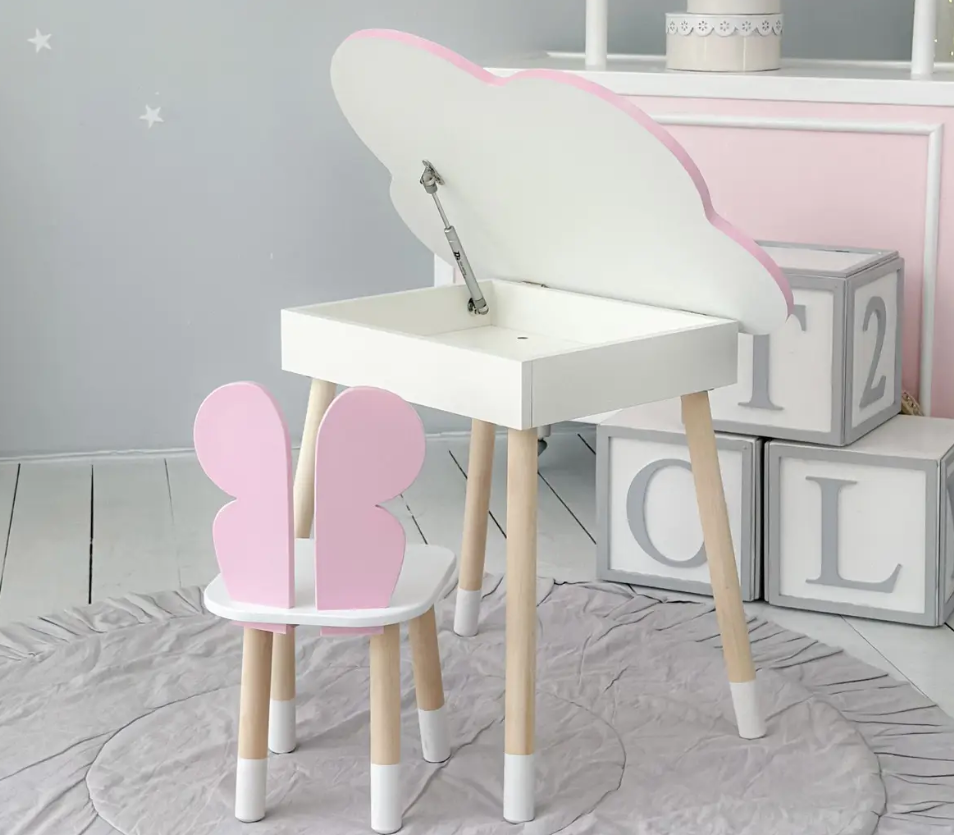 Дитячий рожевий стіл хмаринка з нішею та стільчик метелик рожевий. Для дітей 1 групи зросту (100-115см), фото 1