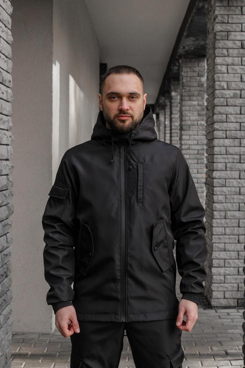 Чоловіча куртка із Soft Shell з капюшоном чорна весняна Вітровка демісезонна